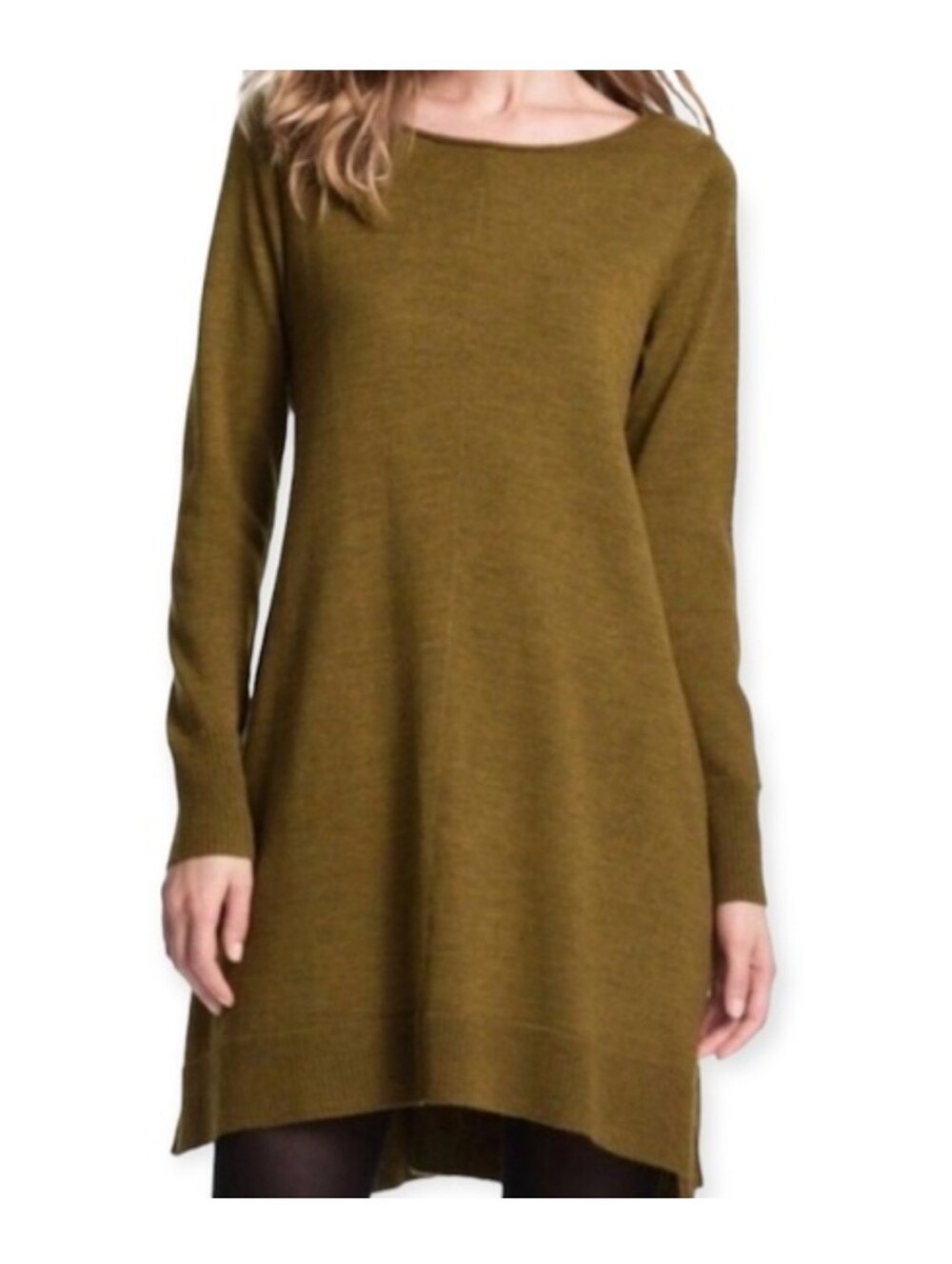 Eileen Fisher 100% MERINO Long Sleeve Crew Neck Olive Green Knit Sweater Dress